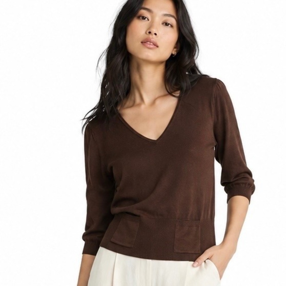 Acorn Sweater Silk‎ Blend Brown V-Neck Academic Minimalist Women Size S